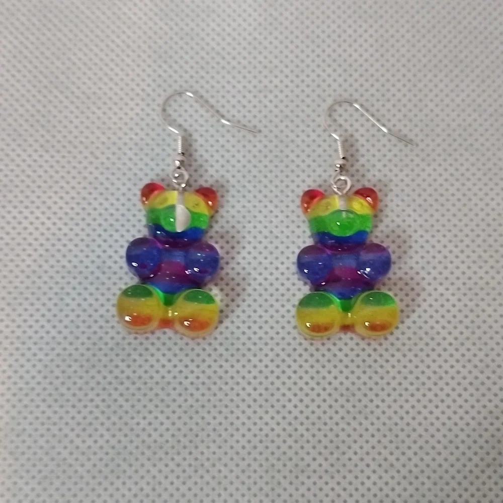 Girls / Womens Rainbow Teddy Bear Pierced Earrings